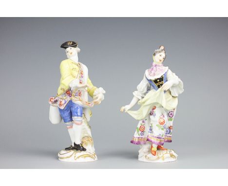 A near pair of Meissen figures, the dancers modelled mid-dance wearing floral clothes, finely decorated in polychrome enamels