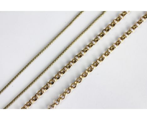 A 9ct yellow gold chain with bolt ring clasp, weight 23.5gms and a snake link chain stamped '14K', weight 7.8gms (2) 