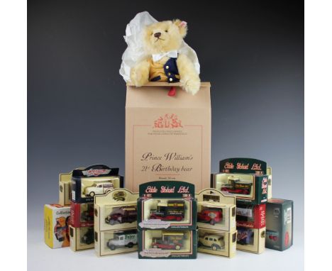 A Steiff Prince William 21st Birthday bear, with original box and certificate along with a collection of assorted boxed toys,