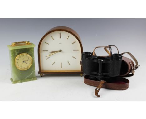 A 1970's Smiths dome cased mantle clock, with baton dial, 21cm high, a green onyx and gilt metal mounted Looping carriage typ