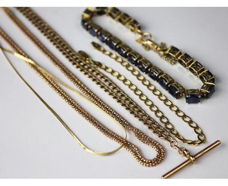 A 9ct gold chain with attached central T bar and a delicate yellow gold bracelet stamped '9kt' weight 10.9gms gross, along wi