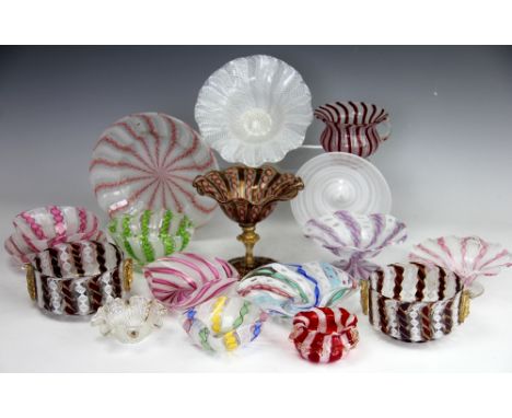 A selection of Venetian and other glassware bowls and plates, including a pair of white zanfirico pedestal bowls with copper 