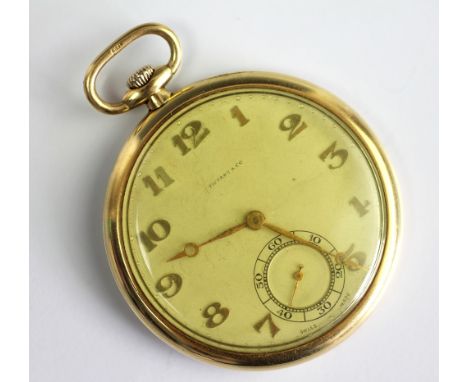 A Tiffany & Co 18K yellow gold pocket watch, dated 1929, the silvered dial with gold Arabic numerals, gold hour and minute ha