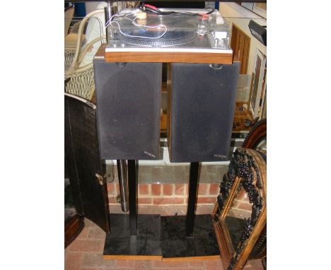 A Toshiba Direct Drive Full Automatic Turntable - Model SR-F335, together with a pair of Hitachi speakers on stands 
