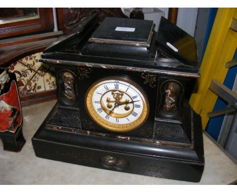 A Victorian slate and marble mantel clock with visible escapement - 32cm high 