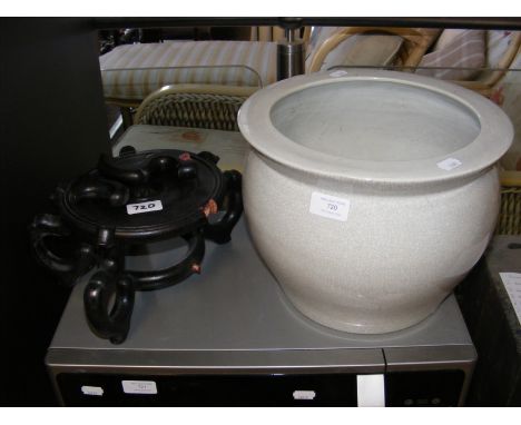 A Chinese Celadon planter, together with wooden stand  CONDITION REPORT Our team of trusted experts are on hand to help and a