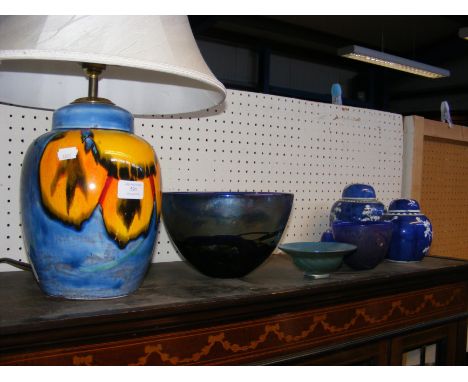 A Poole Pottery table lamp, Isle of Wight glass bowl etc.