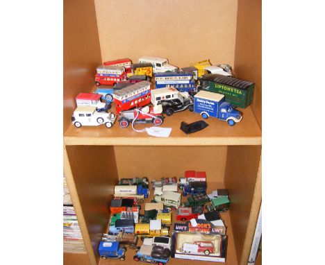 An assortment of die cast model vehicles, including Lledo Days Gone - on two shelves 