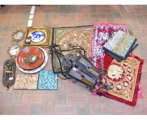 A decorative porch light, together with Indian and Middle Eastern fabrics, collectable plates, etc. 