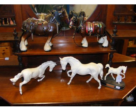 Two Melba Ware Shire Horses, together with three other horse figurines 