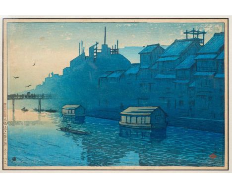 Kawase Hasui (1883-1957) colour woodcut print 'Morning in Dotonbori', from the series - Souvenirs of Travel II, signed and wi