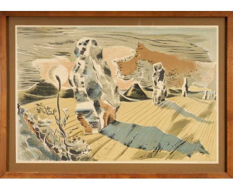 Paul Nash (1889-1946) lithograph in colours - Landscape of the Megaliths, 1937, with pencil dedication, ‘Nancy with Paul’s lo