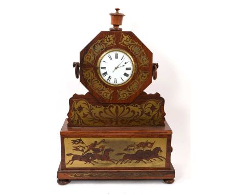 Early 19th century Continental rosewood and brass inlaid mantel clock decorated with horses and rider, the movement possibly 