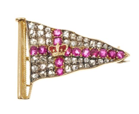 Fine Royal Yacht Squadron gold, diamond and ruby pennant brooch with enamelled crown to centre and set with old cut diamonds 