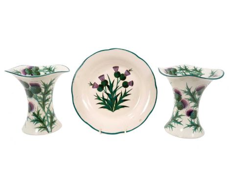 Pair of Wemyss pottery vases, of waisted form with wavy rims, painted with thistles, impressed marks, 15.5cm high, and a Wemy