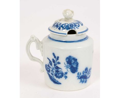 Caughley Three Flowers pattern wet mustard pot and cover, tram line borders, flower finial, C mark to base, Roderick Jellicoe