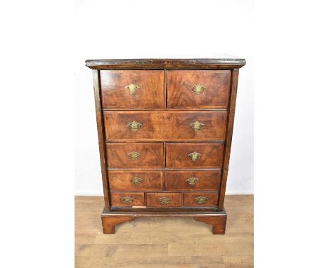 18th century and later walnut cabinet, with arrangement of crossbanded drawers on bracket feet, 72cm wide x 41cm deep x 103cm