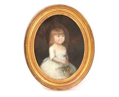 Late 18th century miniature pastel portrait of a young girl, named verso as 'Mary Anne Leigh, aged three years old, afterward
