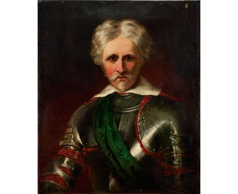 English School, early 19th century, oil on canvas, portrait of a knight in armour, unframed, 76cm x 63cm                     