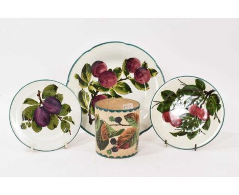 Three Wemyss pottery plates decorated with plums and cherries, and a Wemyss pot decorated with blackberries (4)Small herries 