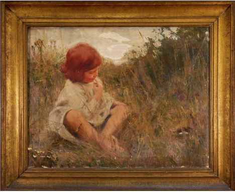 Charles Sims (1873-1928) oil on canvas - portrait of a seated child, ‘Alan’, the son of the artist, 72cm x 92cm, in original 