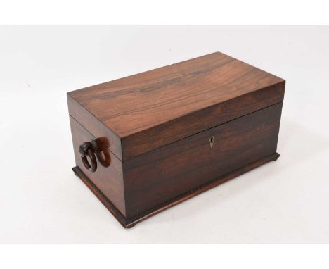 George IV rosewood tea caddy with fitted interior with two rosewood tea canisters and cut glass mixing bowl, 32cm x 18cm x 15
