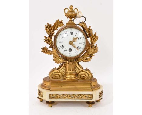 19th century French Louis XVI-style ormolu and white marble mantel clock with cylinder movement, white enamel dial with ormol