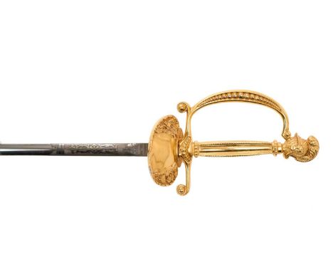 Elizabeth II British Court sword with gilt brass hilt with knight helm pommel with etched blade by Wilkinson Sword, scabbard 