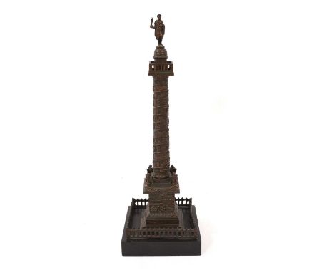 Grand Tour bronze of the Vendome Column, applied with thermometer, on square marble plinth, 27cm high