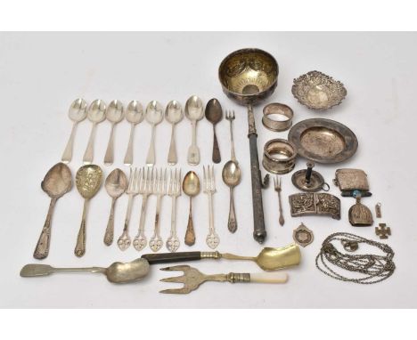 Group of 19th century and later silver, white metal and plated ware to include a George III punch ladle, teaspoons, bonbon di