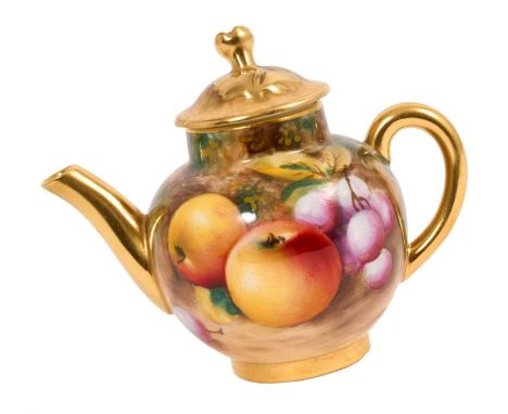 Royal Worcester miniature fruit painted teapot, signed, stamped mark, 8.5cm highIn good condition with no damage. Tiny scratc