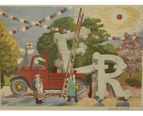 *Kenneth Rowntree (1915-1997) lithograph - Coronation Decorations, 1953, signed below in pencil, 31cm x 43cm, in glazed frame