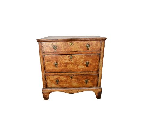 Rare late 17th / early 18th century painted pine chest, with three drawers, each with early paper lining, raised on bracket f