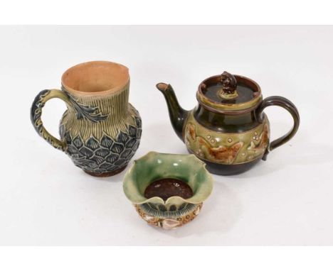 George Tinworth for Doulton Lambeth teapot decorated in relief with fish, with a frog knop, together with a Doulton Lambeth f