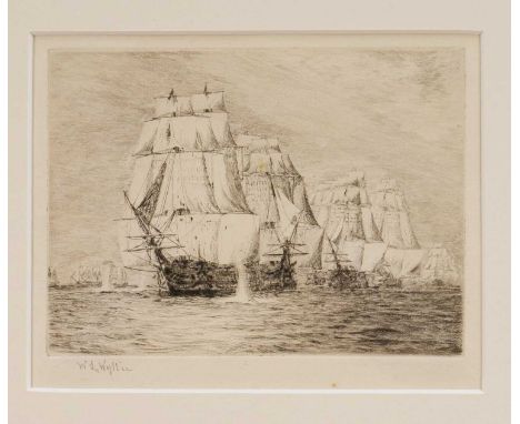 William Lionel Wyllie (1851-1931), signed etching - H.M.S. Victory breaking the line at Trafalgar, 14cm x 18cm, mounted 