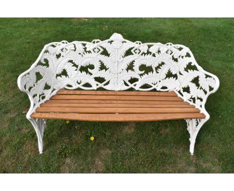 Victorian cast iron garden bench, bowed form and in fern pattern, with foundry mark for Goss and Peene. Rayne Foundry Essex, 