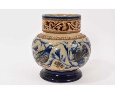 C.J.C. Bailey Fulham stoneware pottery vase, decorated with birds perched amongst scrolling foliage, inscribed marks to base,