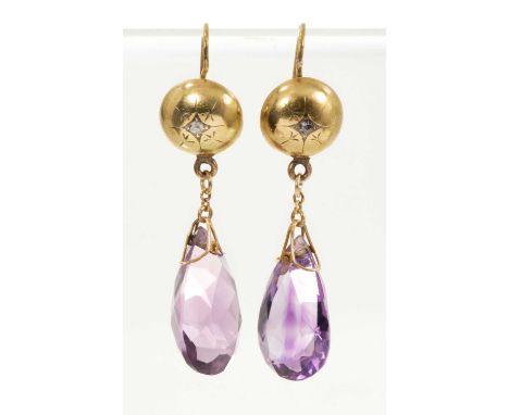 Pair of late Victorian amethyst pendant earrings with a pear-cut amethyst suspended from a gold domed disc set with a rose cu