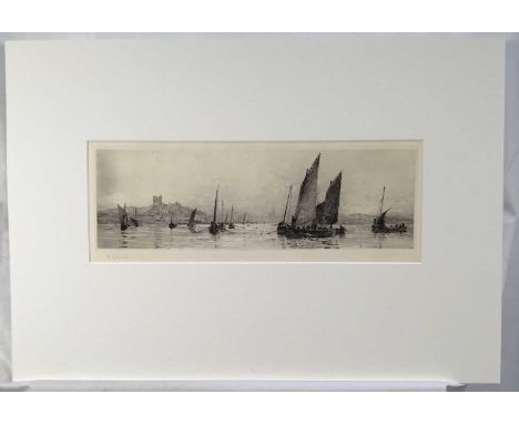 William Lionel Wyllie (1851-1931), signed etching - Tarbert, Loch Fyne, 14.5cm x 39.5cm, mounted