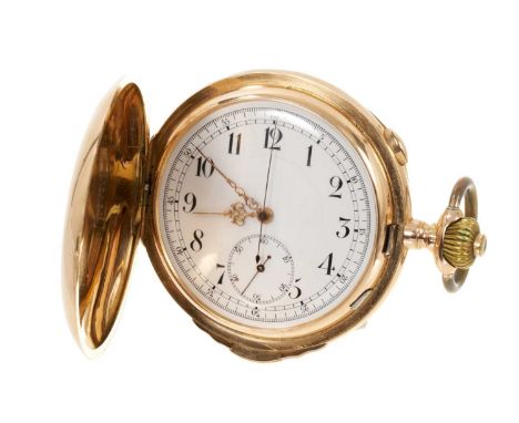 Early 20th century 14ct gold minute repeating full hunter pocket watch, with Swiss button wind minute repeating movement, sto