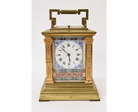 Late 19th century French carriage clock with repeating movement and polychrome enamel dial in brass architectural case, 19cm,