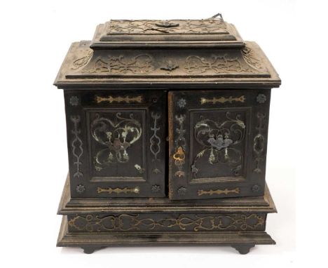 Antique Italian ebonised and metal mounted miniature table cabinet, the caddy top sliding to reveal hidden compartment and in