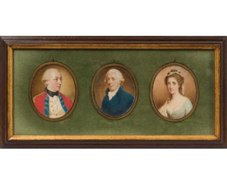 English School, 18th century group of three oval portrait miniatures on ivory, oval, 7 x 6cm, presented together in one glaze