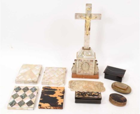 Group of snuff boxes, card cases, including a Continental carved mother of pearl crucifix, 28cm high, a collection of three V