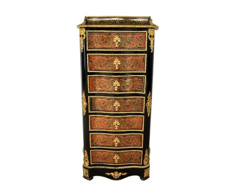 19th century French boulle work escritoire chest, of narrow serpentine form with caddy shaped top, having fall front enclosin