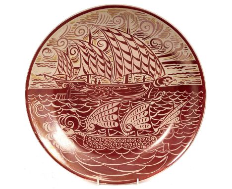 William de Morgan ruby lustre 'galleon' charger, with monogram for Halsey Ricardo, Christie's 2003 label verso, 36cm diameter