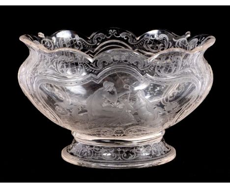 Lobmeyr glass bon-bon dish, circa 1900, finely engraved with classical figures riding dolphins, each side with a hippocampus,