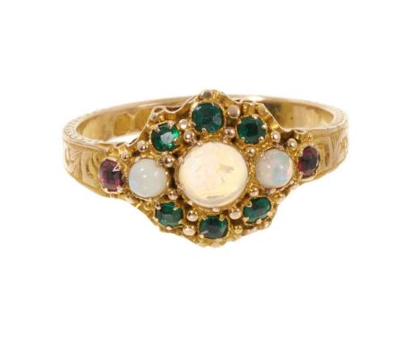 Victorian 15ct gold opal, garnet and emerald/green stone cluster ring in gold setting on engraved gold shank, Birmingham 1871