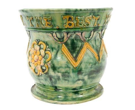 Castle Hedingham pottery vase/jardinière, in tones of green and yellow, motto around the edge, various marks to base, 20cm hi