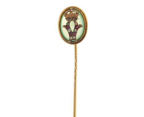 Victorian Royal presentation gold, diamond and ruby set stick pin with crowned V on nephrite ground in associated box